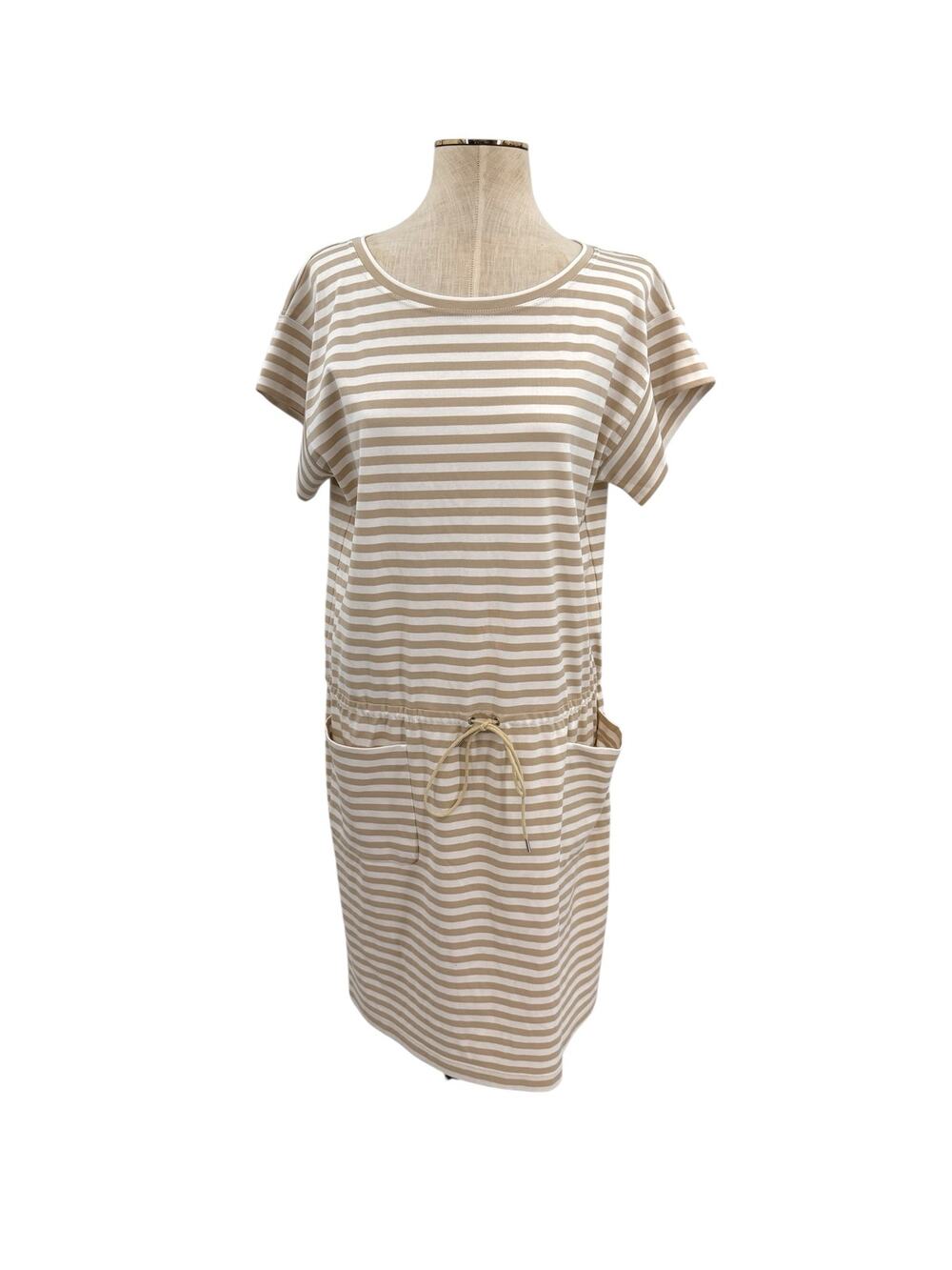Lafayette 148 Striped Drawstring Jersey Dress Pocket Short Sleeve Tan White M‎